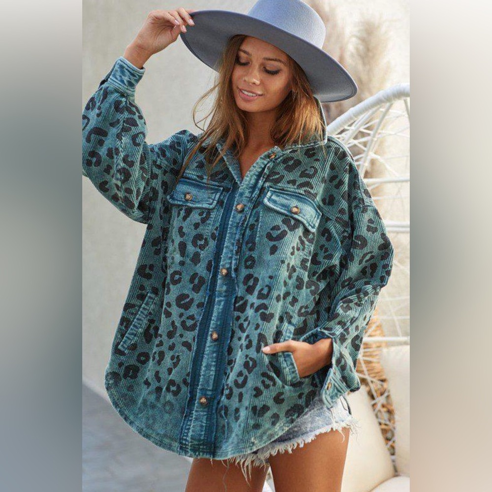 Bibi Shacket Leopard Print Oversized Corduroy Vintage Washed Button Down SZ S